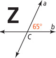 The letter Z is above horizontal line b. Line a intersects line b at C, to the right of the Z, with the angle above b right of a measuring 65 degrees.