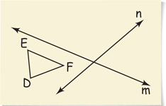 Triangle DEF has side DE on the left and side DF on bottom. Line m falls down to the right above the triangle, nearly parallel to side EF, and rising line n intersects n to the right of the triangle.