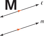 Capital letter M is above line l rising up to the right, parallel to line m below it.