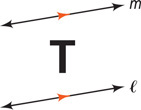 Capital letter T is between two parallel lines rising up to the right, with line l below the letter and line m above it.