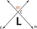 Capital letter L is below the intersection C of rising line l and falling line m, opposite a 85 degree angle above C.