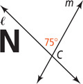 Capital letter N is below falling line l. Rising line m intersects l at C, down to the right of the N. The angle above l and above m is 75 degrees.