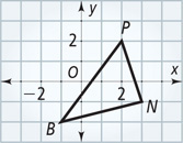 A graph of triangle PNB has vertices P(2, 2), N(3, negative 1), and B(negative 1, negative 2).
