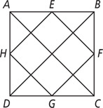 Rectangle ABCD has diagonals AC and BD intersecting each other and segments EH, HG, GF, and FE, creating eight triangles along the sides and four quadrilaterals to the inside.