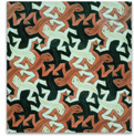 A tessellation consists of identical salamander shapes in three colors, with the head of the white between an arm and leg of a brown, and the head of the brown between an arm and leg of the green.
