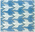 A tessellation consists of identical birds, white pointing right and blue pointing left.