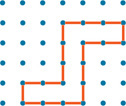 A figure on dot paper has sides flowing as follows: three units right, three units up, two units right, one unit up, three units left, three units down, two units left, and one unit down.