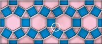A tessellation has a pattern of equal hexagons, with each side connected to the side of a square and vertex connected to the vertex of a triangle. One vertex includes vertices of one hexagon, one triangle, and two squares.