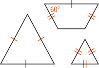 A large equilateral triangle has sides congruent to the long base of a trapezoid, which has congruent diagonal sides congruent to the sides of a smaller equilateral triangle. The trapezoid has 60 degree angles between the sides and long base.