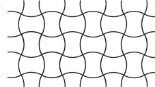 A tessellation consists of identical figures shaped like a square with two opposite sides curving out and other two opposite sides curving in.
