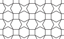 A tessellation consists of a row of equal squares with each side sharing a side of a hexagon and each vertex sharing a vertex of a four-pointed star.