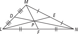 Triangle LMN has LE bisecting side MN, MF bisecting side LN, and ND bisecting side LM. LE, MF, and ND intersect at P inside LMN.