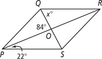 Parallelogram PQRS has diagonals PR and QS intersecting at O. Angle OPS is 22 degrees, angle QOP is 84 degrees, and angle RQO is x degrees.