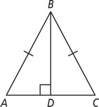 Triangle ABC, with sides AB and BC congruent, has segment BD meeting side AC at a right angle.