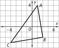 A graph of triangle ABC has vertices A(1, 4), B(2, negative 2), and C(negative 4, negative 3).