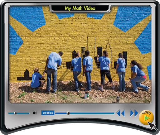 A My Math Lab video displays students painting a cityscape on a wall.