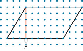 A parallelogram on grid paper has top and bottom sides extending nine units horizontally and left and right sides extending three units right and five units up. A vertical line extends from the top left corner five units down to the bottom side.