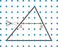 A triangle on grid paper has bottom side eight units horizontally, left side rising five units right and six units up, and right side rising three units left and six units up. Segment AB extends horizontally from the left side to the right, three units above the bottom.