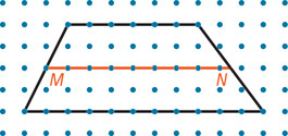 A trapezoid on grid paper has bottom extending 11 units horizontally and top extending six units horizontally, and left side extending two units right and four units up. Segment MN extends horizontally from left side to right side, two units from the bottom.