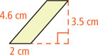 A parallelogram has left base measuring 4.6 centimeters and altitude measuring 3.5 centimeters from a top vertex to an extension of the bottom base, which measures 2 centimeters.