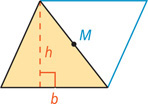 A triangle, with bottom base b and height h, is rotated about midpoint M on the right side, forming a parallelogram with base b and height h.