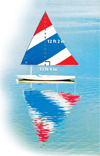 A triangular sail has bottom base 13 feet 4 inches and height 12 feet 2 inches.