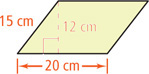 A parallelogram has bottom base 20 centimeters, left base 15 centimeters, and height 12 centimeters from top to bottom.