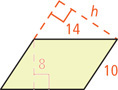 A parallelogram has top base measuring 14, right base measuring 10, height measuring 8 from top to bottom, and height measuring h from right to left.