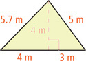 A triangle has left side 5.7 meters, right side 5 meters, and height 4 meters from the top vertex meeting the bottom side 4 meters from the left and 3 meters from the right.