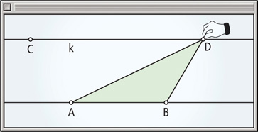 A geometry software screen has base AB on a horizontal line, and vertex D moved along horizontal line k above, which contains point C to the left of A.