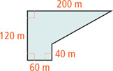 A pentagon has a horizontal side 60 meters on bottom, left vertical side 120 meters, right vertical side 40 meters, top side 200 meters, and diagonal from top side to the right side.