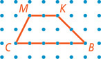 On dot paper, trapezoid MKBC has side MK two units horizontal on top, side MC extending diagonally one unit left and two units down, and side BC five units horizontal on bottom.