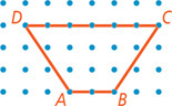 On dot paper, trapezoid ABCD has side AB two units horizontal on bottom, side AD extending diagonally two units left and three units up, and side DC six units horizontal on top.