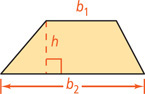 A trapezoid has top base b subscript 1 baseline and bottom base b subscript 2 baseline, with height h perpendicular between them.