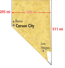 A map of Nevada has left vertical side 205 miles and right vertical side 511 meters, with 309 miles between them.