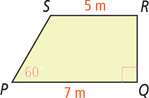 Trapezoid PQRS has base SR 5 meters on top, base PQ 7 meters on bottom, and angle P 60 degrees.