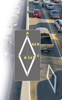 A diamond painted on the HOV lane has diagonals forming four congruent right triangles, one with long leg AB, short leg BC measuring 2.5 feet, and hypotenuse AC measuring 6.5 feet.