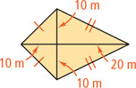 A kite has diagonals intersecting, with the vertical divided into 10-meter segments and horizontal divided into a 10-meter segment and a 20-meter segment.