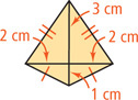 A kite has diagonals intersecting, with the horizontal divided into 2 centimeter segments and vertical divided into a 1 centimeter segment and a 3 centimeter segment.