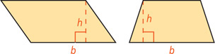 A parallelogram and a trapezoid each have bottom base b and height h.