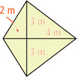 A kite has diagonals intersecting, with the vertical diagonal divided into 3-meter segments and horizontal diagonal divided into a 2-meter segment and a 4-meter segment.