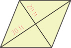 A rhombus has diagonals intersecting, one with a 20-foot segment and one with a 30-foot segment.
