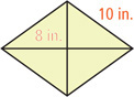 A rhombus with sides measuring 10 inches has diagonals intersecting, one with an 8-inch segment.