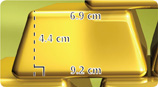A gold bar is shaped like a trapezoid with top base 6.9 centimeters, bottom base 9.2 centimeters, and height 1.4 centimeters between them.