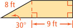 A trapezoid, with horizontal bases, has left side 8 feet, bottom left angle 30 degrees, and height from the top left vertex meet the bottom base 9 feet from the vertical right side.