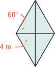 A rhombus has diagonals intersecting, with the horizontal diagonal divided into a 3-centimeter segment, and the vertical diagonal meeting the top left side at a 45 degree angle.