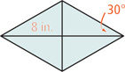 A rhombus has diagonals intersecting, with the horizontal diagonal divided into an 8-inch segment and meeting the top right side at a 30 degree angle.