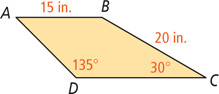 Trapezoid ABCD has base AB 15 inches, side BC 20 inches, angle D 135 degrees, and angle C 30 degrees.