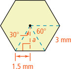 A regular hexagon has sides 3 millimeters and radii 60 degrees apart. Apothem a divides a side into a 1.5 millimeter segment, opposite a 30 degree angle at the center.