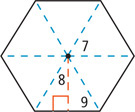 A hexagon has angle 7 between radii, angle 8 between radius and apothem, and angle 9 between radius and side.